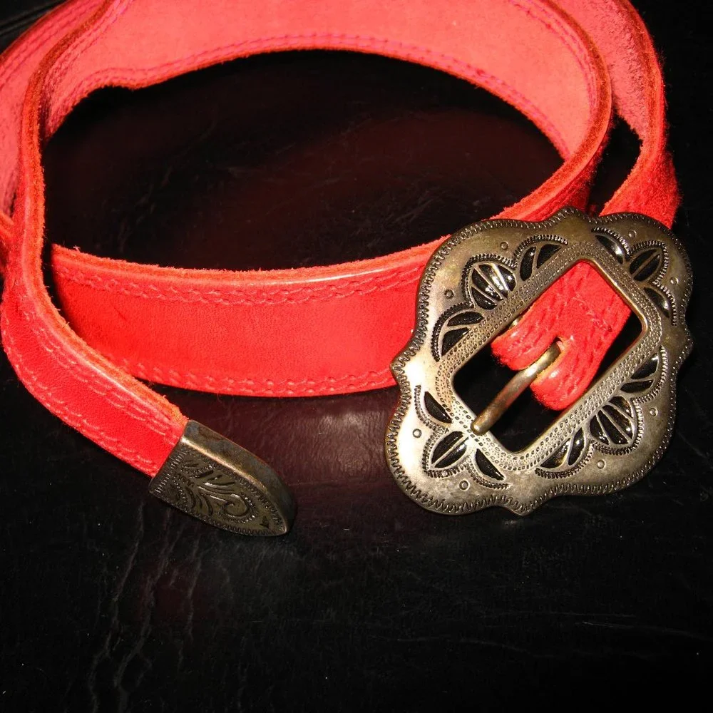 Liz Claiborne Red Suede Belt with Antique Brass Buckle